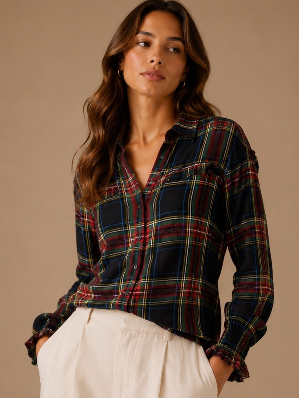 NWT Harper Heritage Tartan Plaid Ruffle Button Down Blouse Size S
